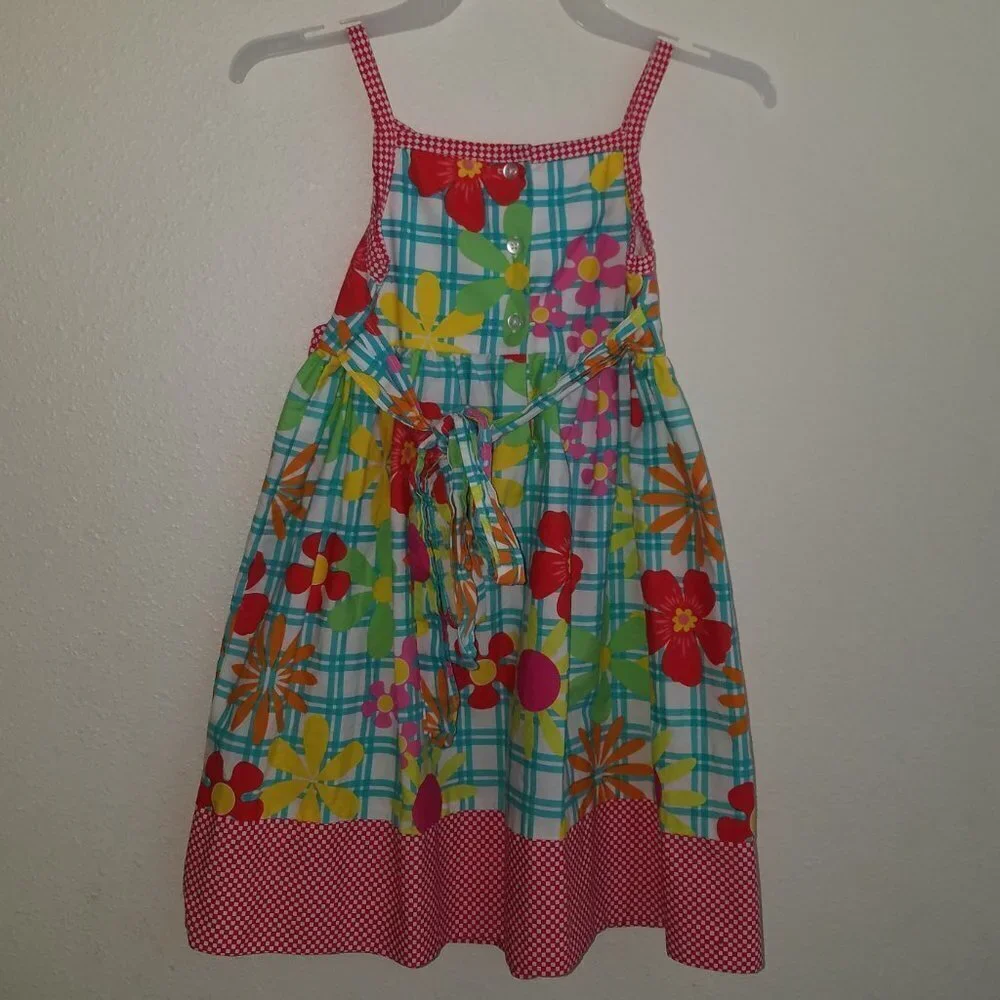 Marmellata Floral Toddler Girl Dress 4T Blue Plaid Red Yellow Pink Green Flowers